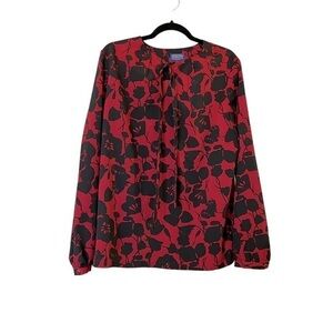 PENDLETON red and black tie neck stylized floral blouse